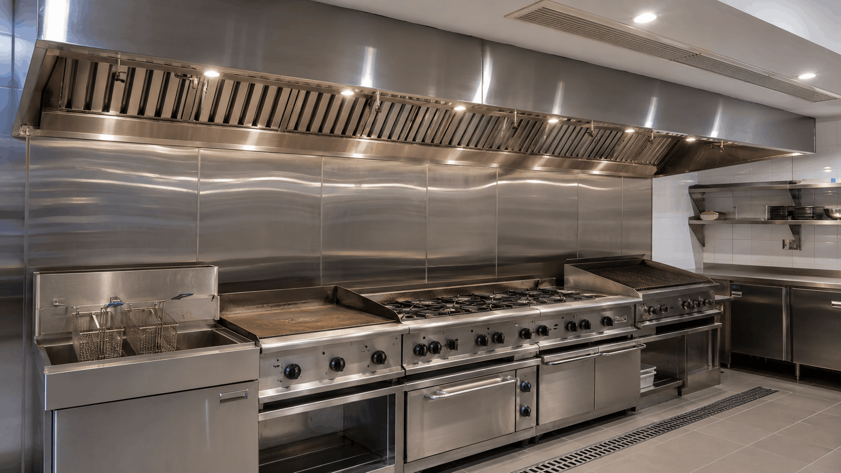 Close-up of a commercial cooking line with fryers, griddle, gas ranges, charbroiler, and overhead exhaust hood